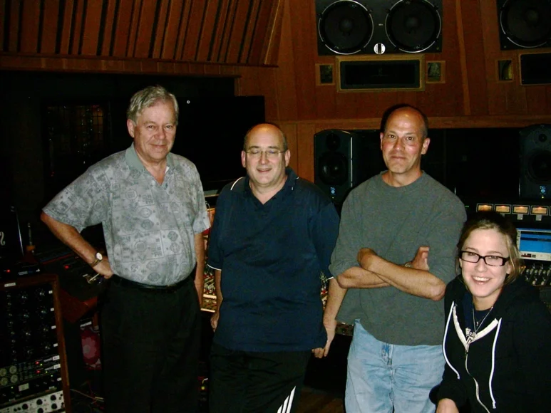 "Eyewitness" recording sessions at The Village Recorder, Los Angeles (l-r) Jack Hurley, John Kurlander, Michael Josephs, Vanessa Parr
