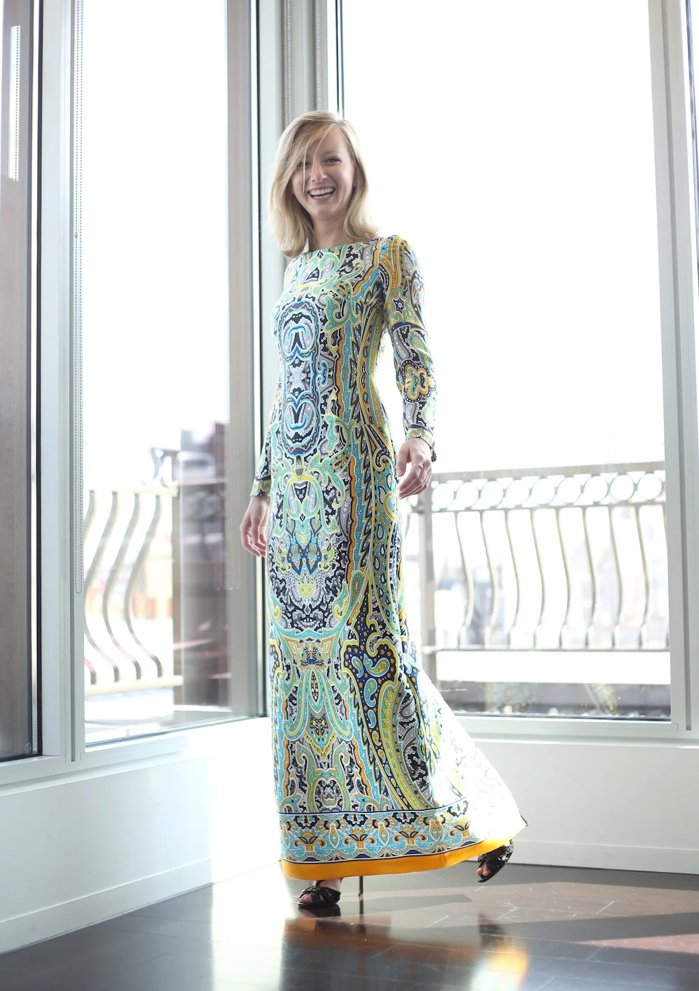 Silk print long column evening gown - front view