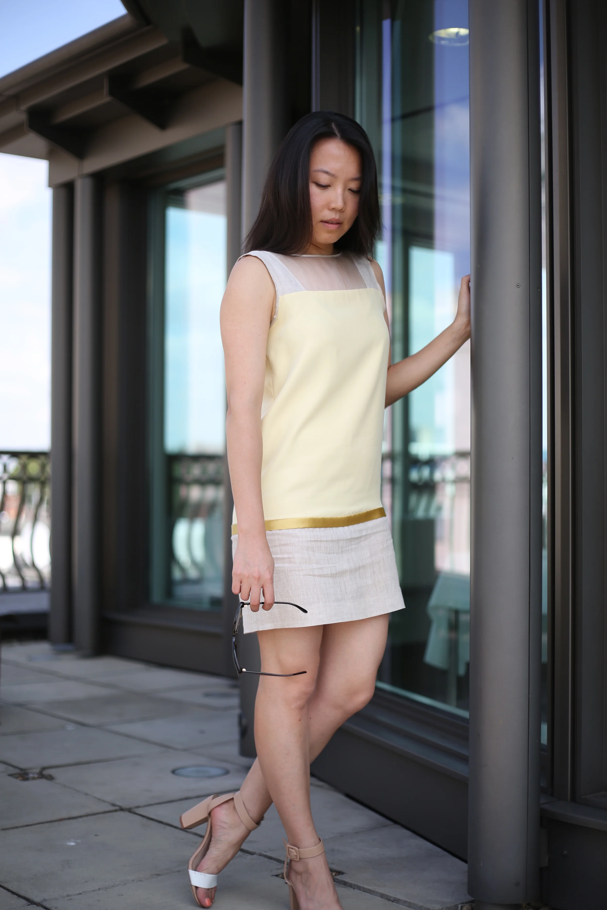 Pale yellow silk and linen dress