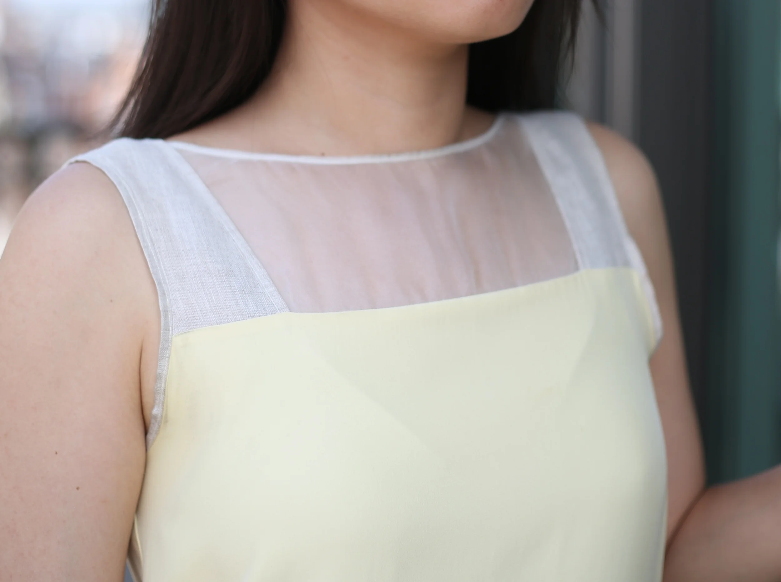Pale yellow silk and linen dress - top closeup