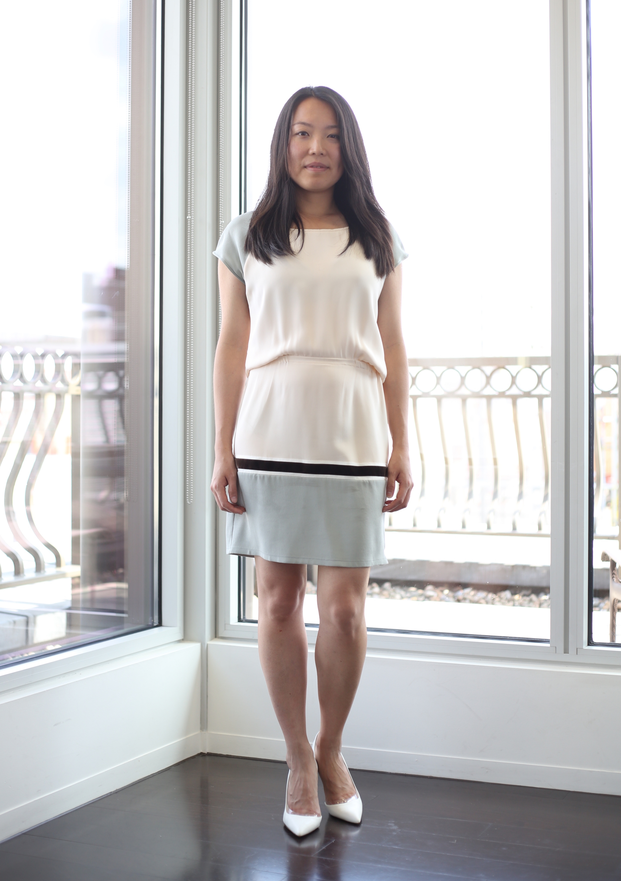 Peach and grey silk crepe dress