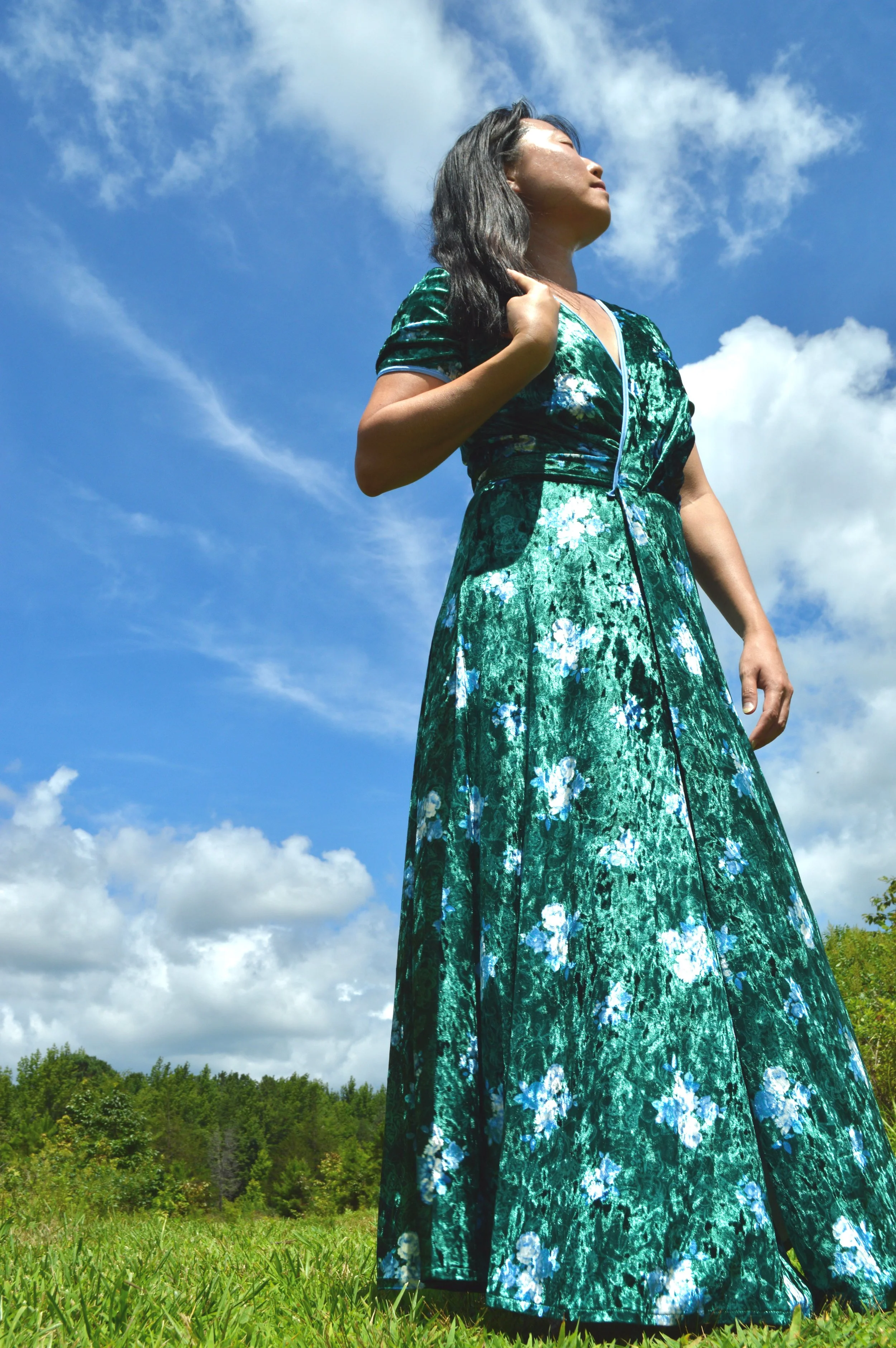 Green floral velvet wrap dress — Sabrina Lee Handmade Dresses