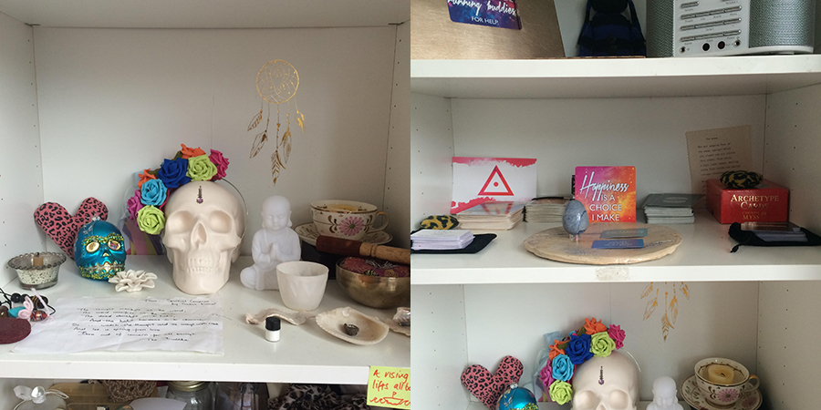 Ebonie's bookshelf altar has a definite punk rock vibe.