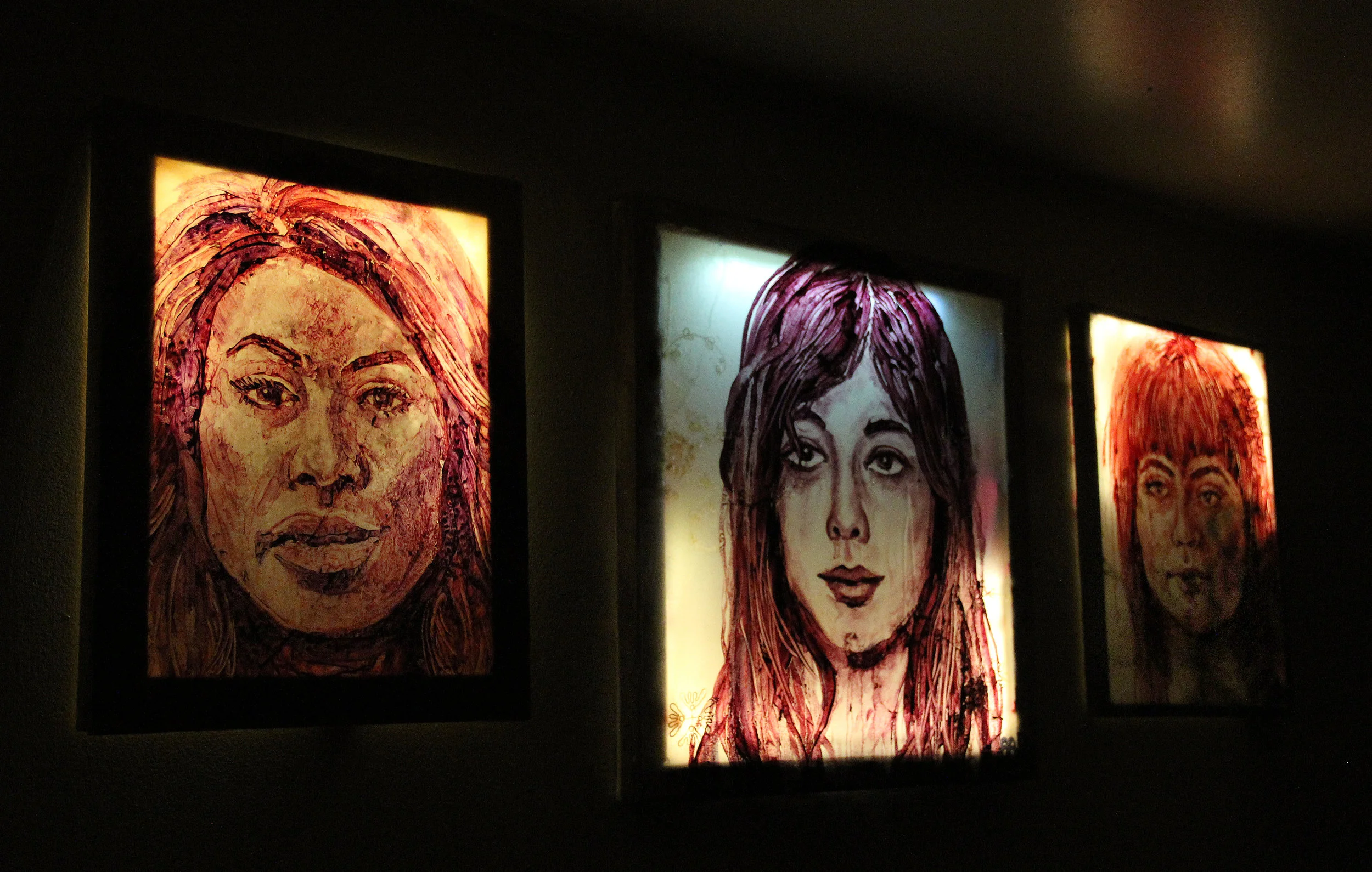 'Three Sirens' (2013) Stretched cloth, wax, oil paint, and LEDS, varying dimensions. 