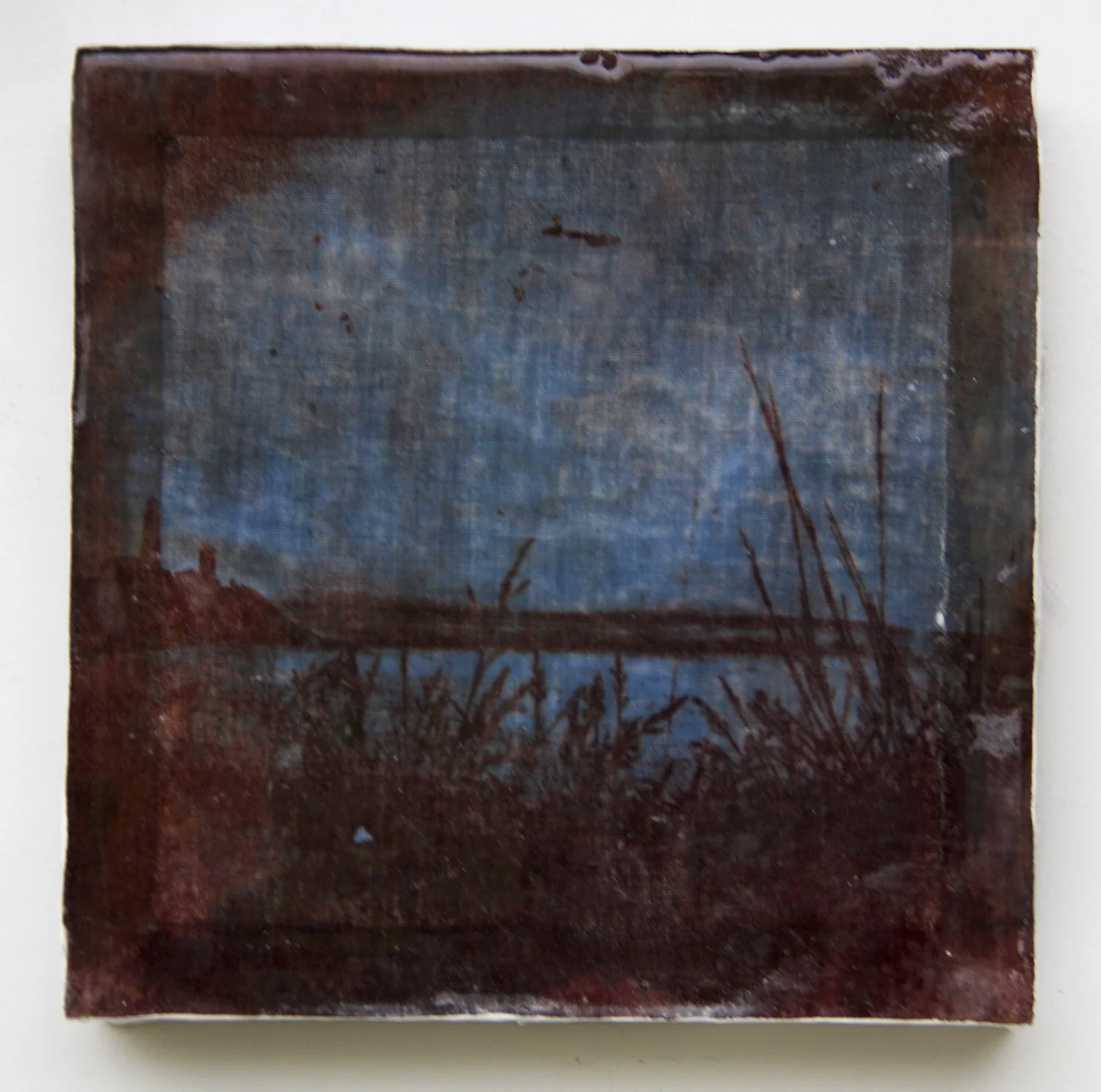 (2016) Inkodye on stretched cloth, resin, and wax, 10" x 10"