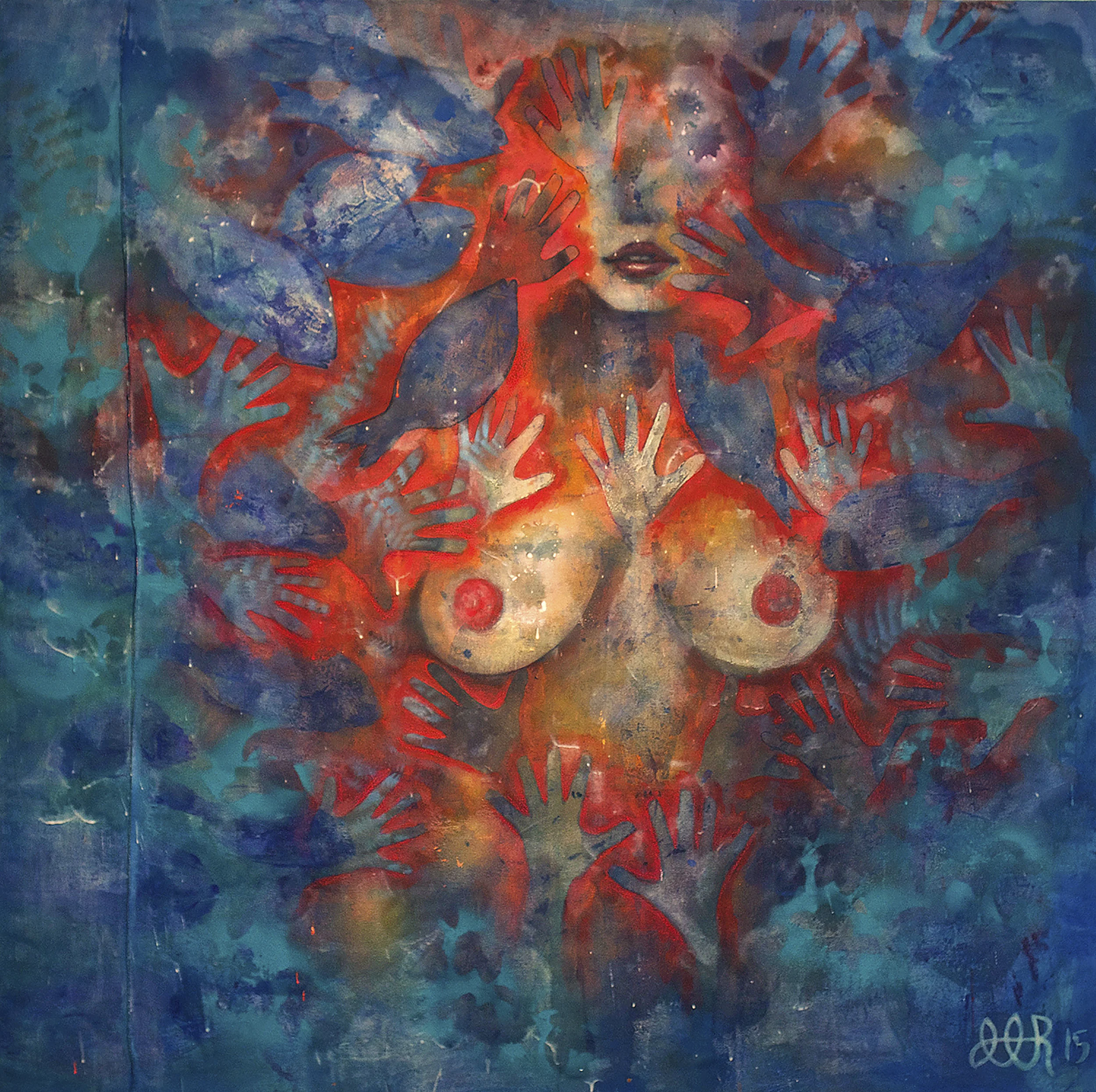 'Fish & Tits'(2015) Stretched shower curtain on panel, paint, phosphorescence, resin, 5' x 5'