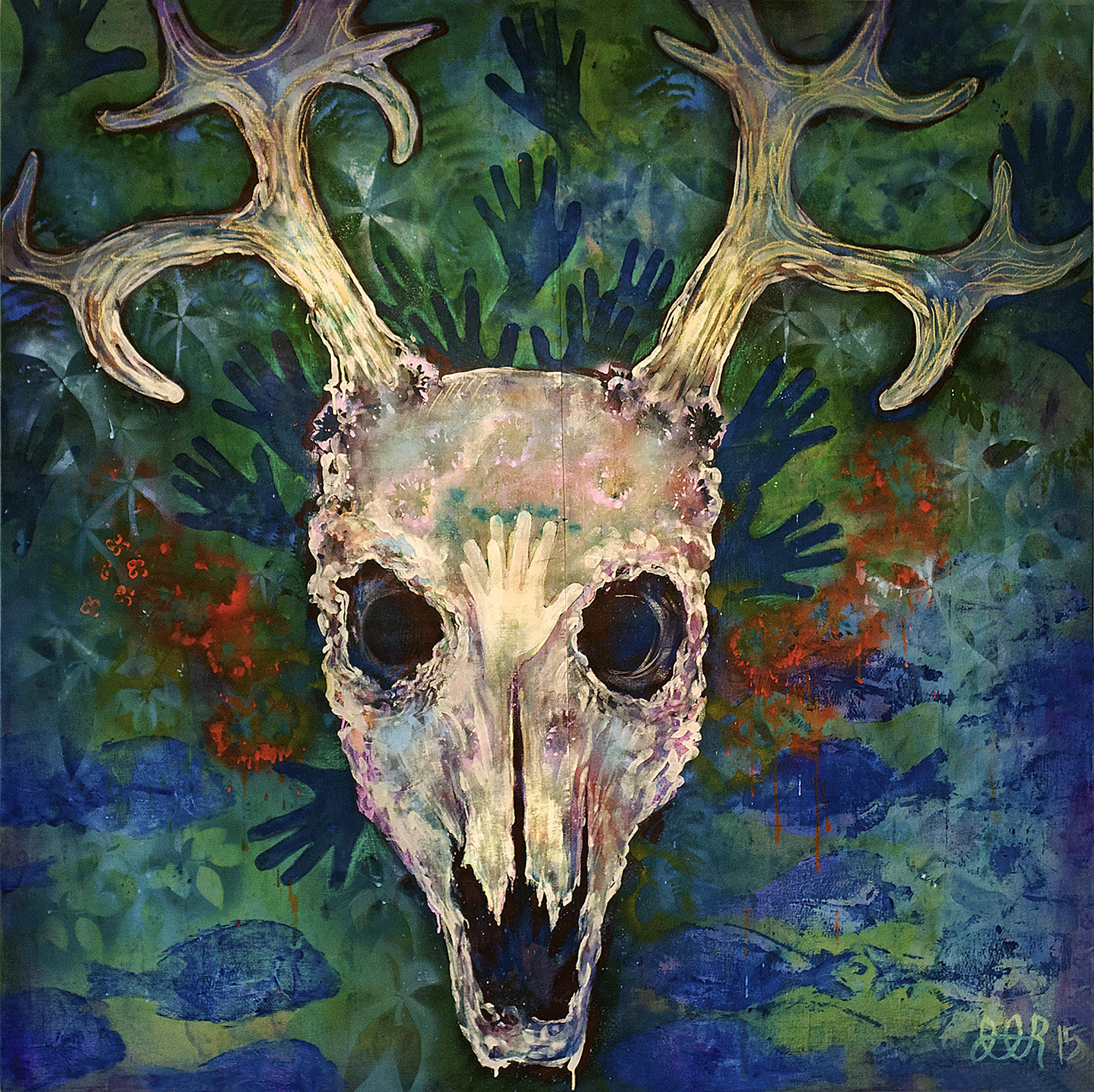 'Grinding Keef' (2015) Stretched shower curtain, paint, marker, ink, and phosphorescence, 5' x 5'