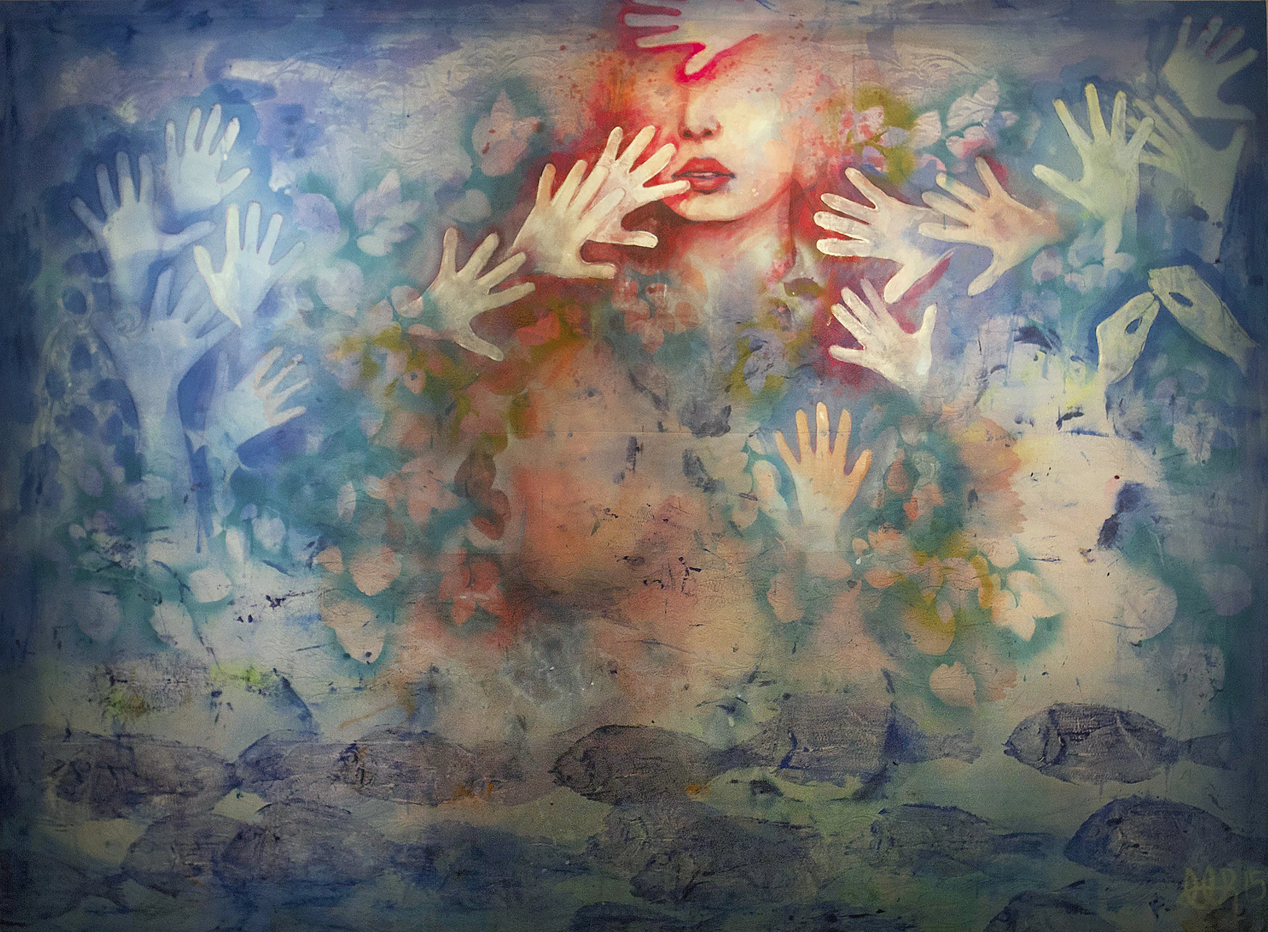 'Fish Fingers' (2015) Table cloth, ink, paint, marker, and phosphorescence, 5' x 4'
