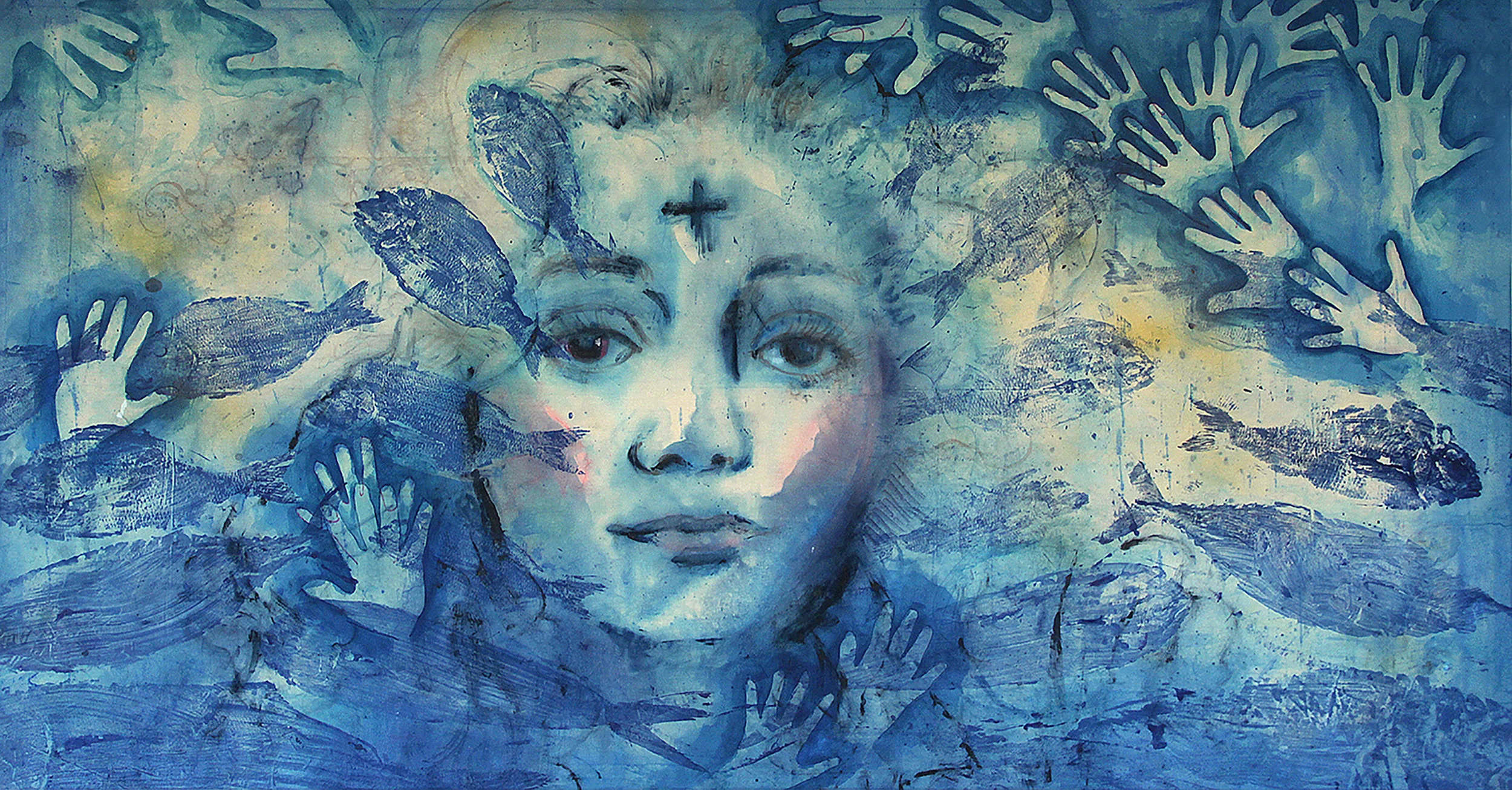 'Betta' (2015) Secondhand linen, paint, marker, ink, and phosphorescence, 72" x 36"