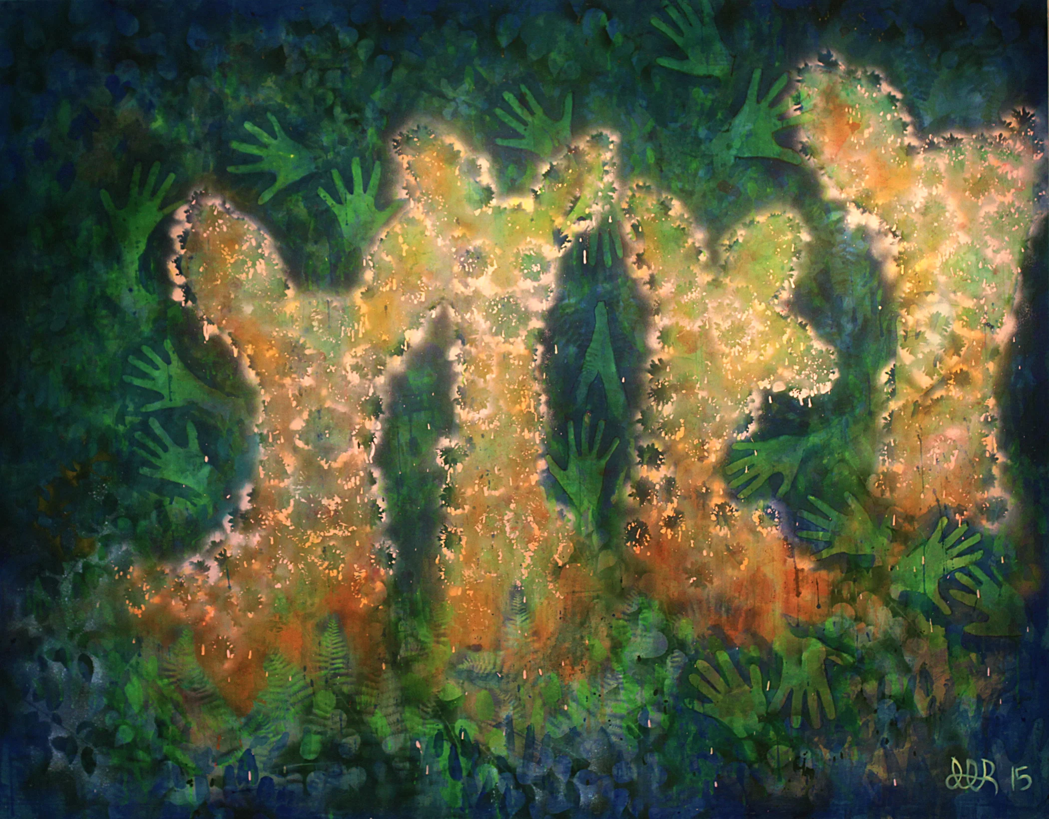 'Deer in Headlights' (2015) Secondhand linen, paint, marker, ink, and phosphorescence, 6' x 5'