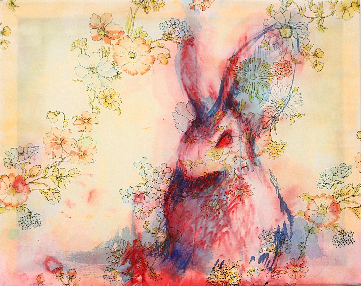 'Blood Bunny Study' (2015) Stretched secondhand linen, paint and marker, 20" x 16"