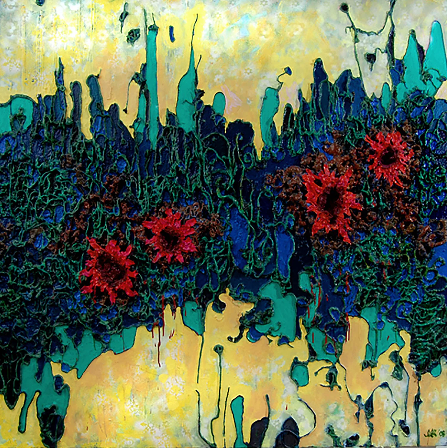 'Jurassic Whorrors' (2008) Acrylic, Spray paint, foam, on canvas stretched on panel, 5' x 5' x 4"