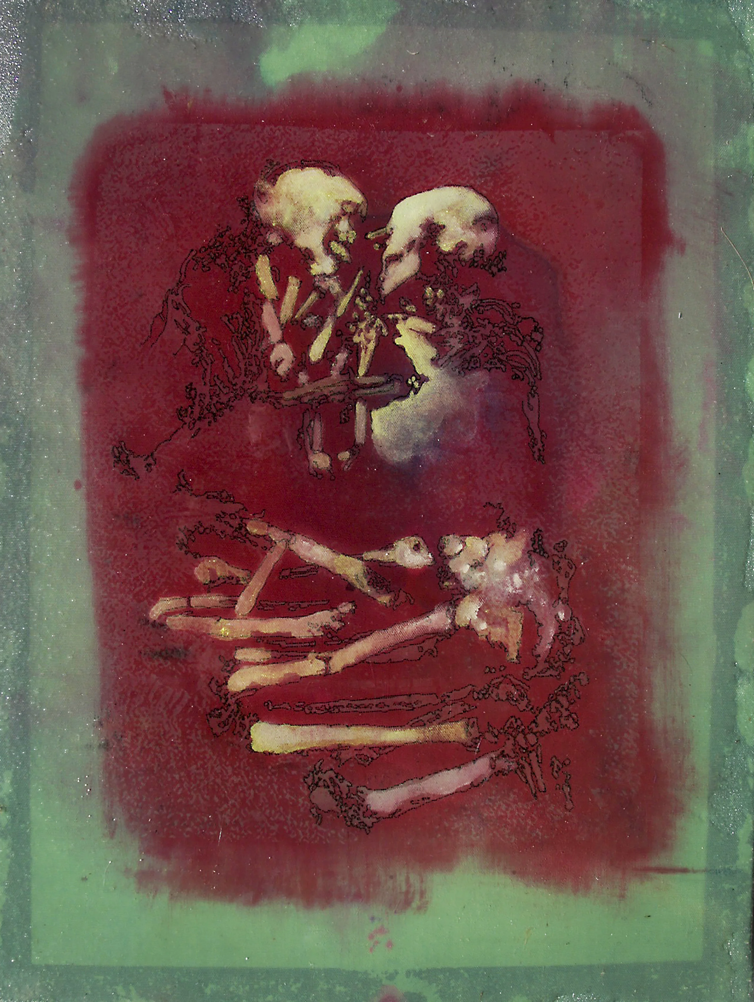 'Lying Together' (2016) acrylic, resin, inkodye, on a stretched restaurant napkin, 11" x 14"