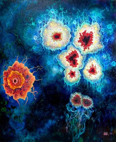 'See Monsters' (2008) Acrylic, spray paint, on canvas stretched on panel, 5' x 6'