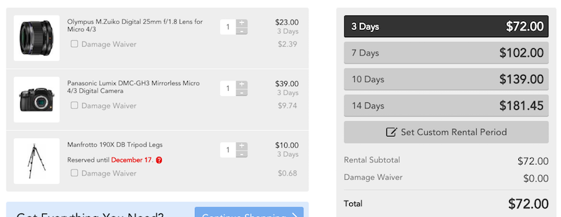 Here's what it would have cost me to rent a camera, lens and tripod from BorrowLenses.com