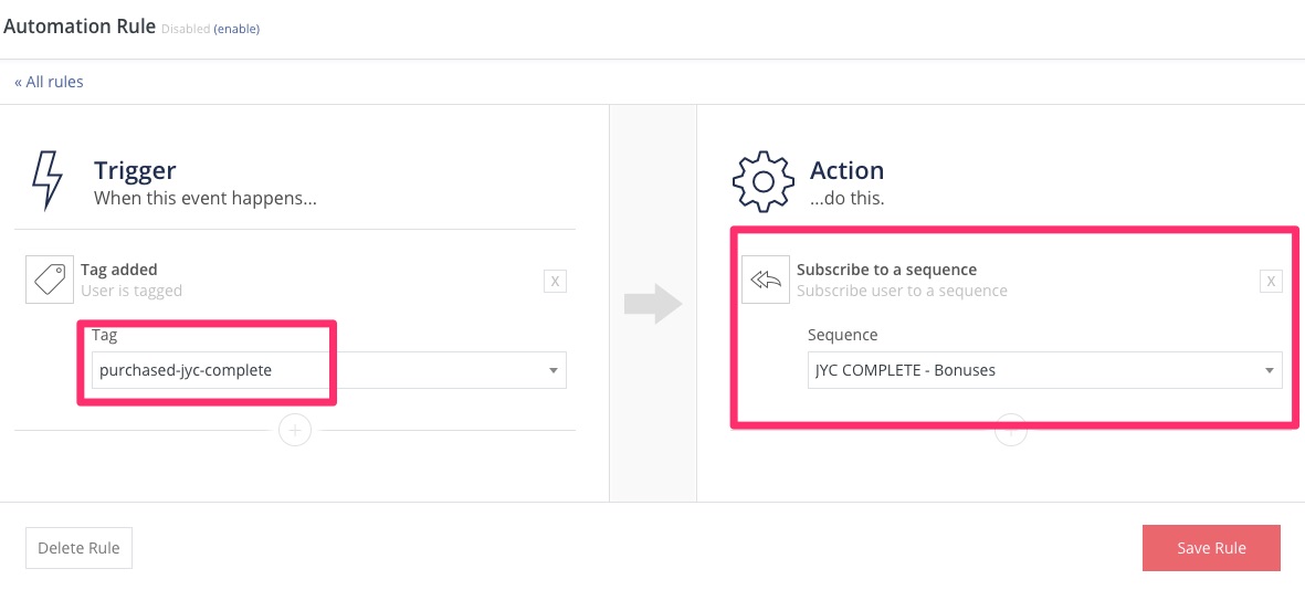 Notice the action subscribes the customer to a different sequence.