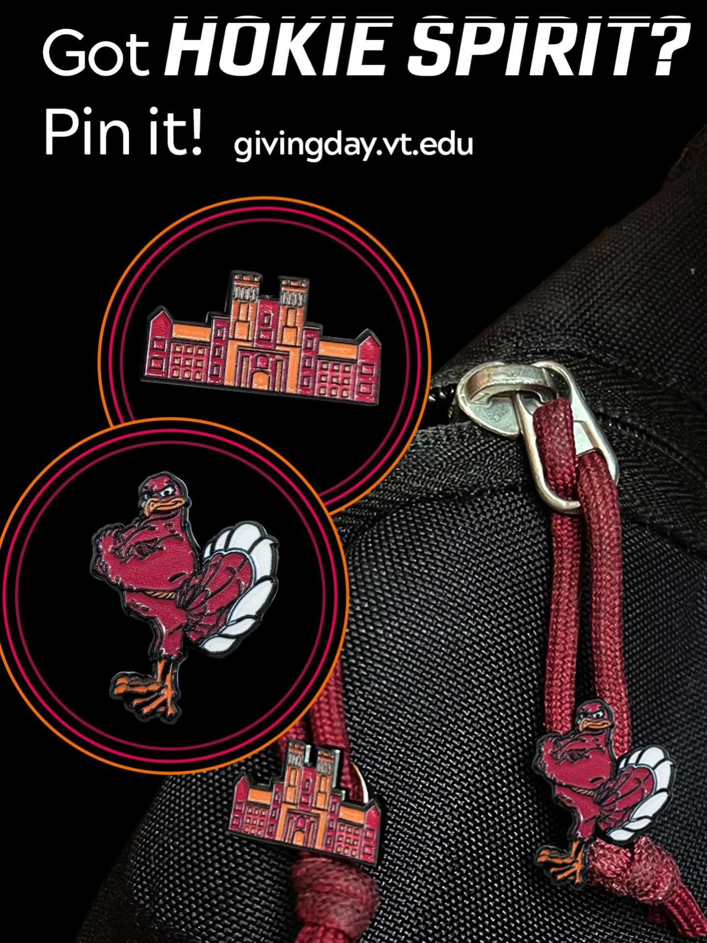 Got Hokie spirit? Pin it. 🔥

Make a $15 #VTGivingDay gift and receive this exclusive set of HokieBird and Burruss Hall pins &mdash; perfect for your backpack, jacket, or studio tote.
&nbsp;
Support the College of Architecture, Arts, and Design or 