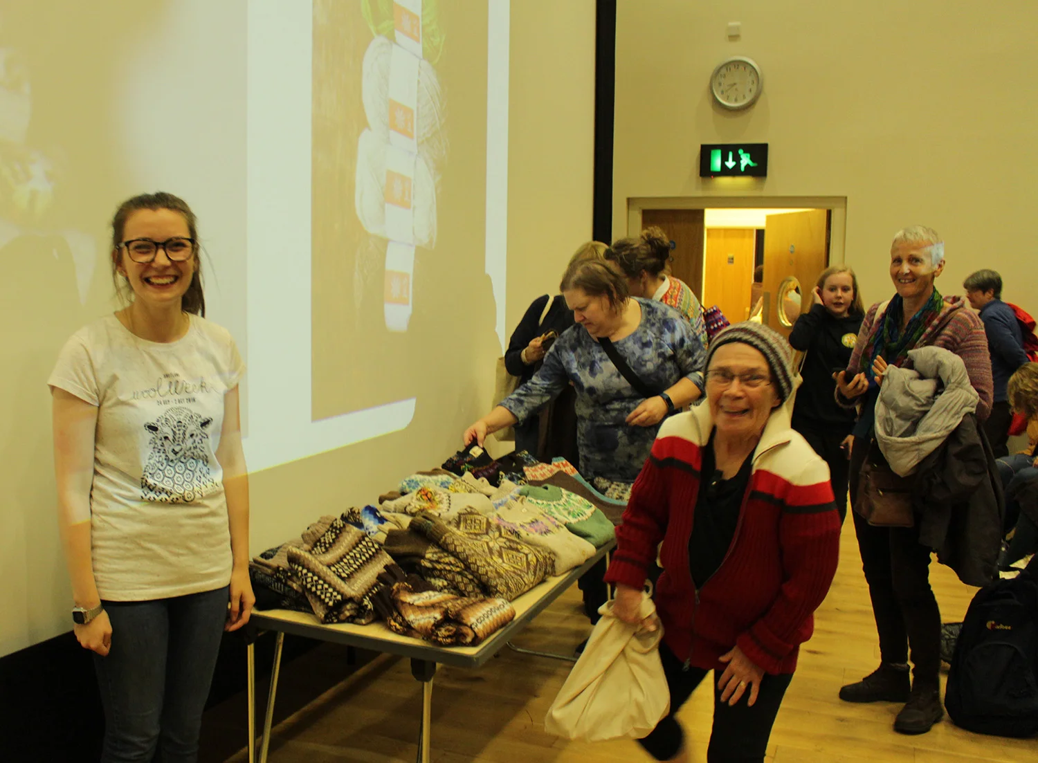 Action shot! One of our best customers at J&S who, along with her friend, visited us every day at the shop. This photo was taken at Ella's talk at the beginning of the week, she was the patron for the 2016 Shetland Wool Week (Ella on the left in the Wool Week t-shirt) Ella's vintage knitwear collection.