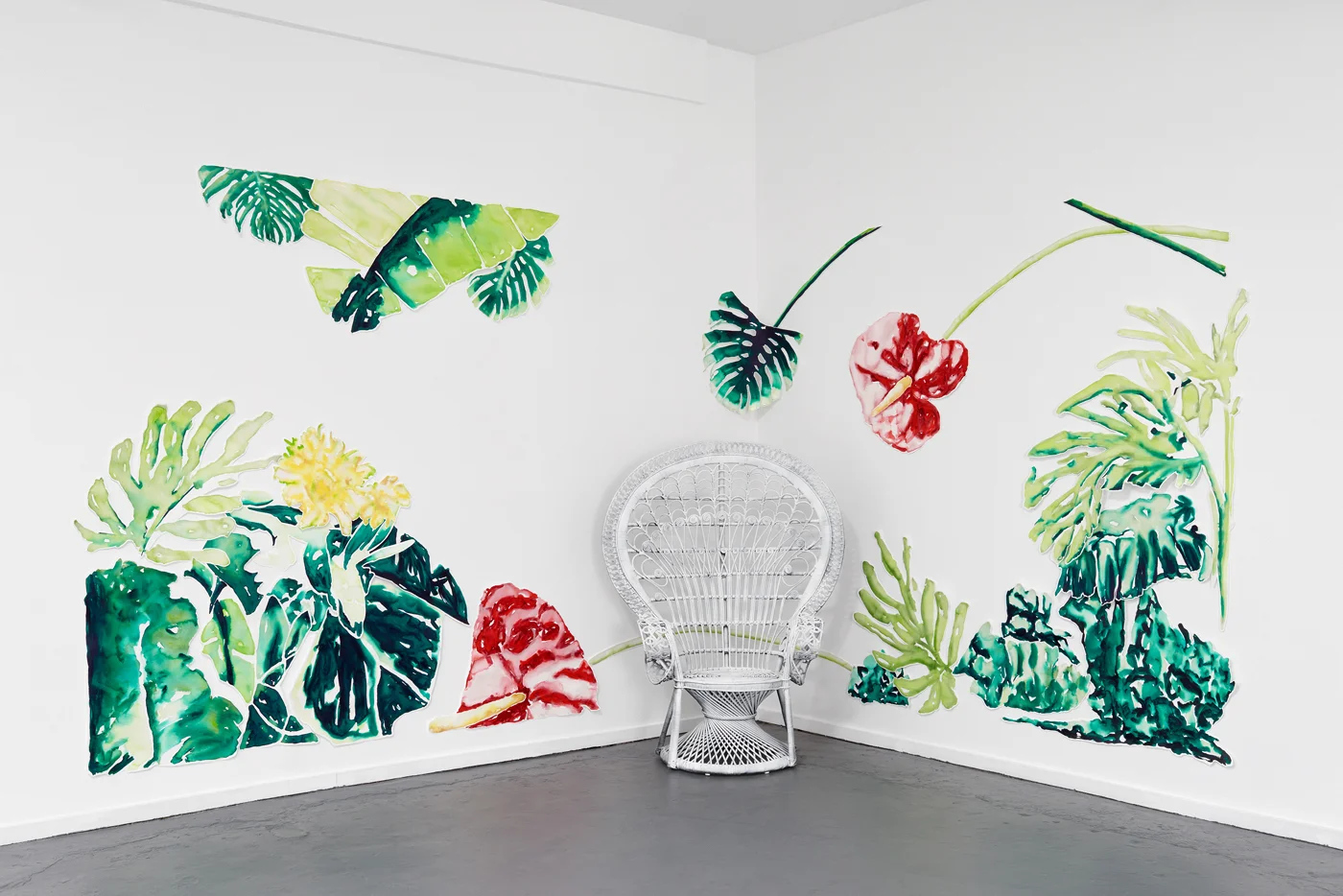 "This place is too much..." Installation view, Collaged Watercolor on Paper and Whitewashed Rattan Peacock Chair, 2017