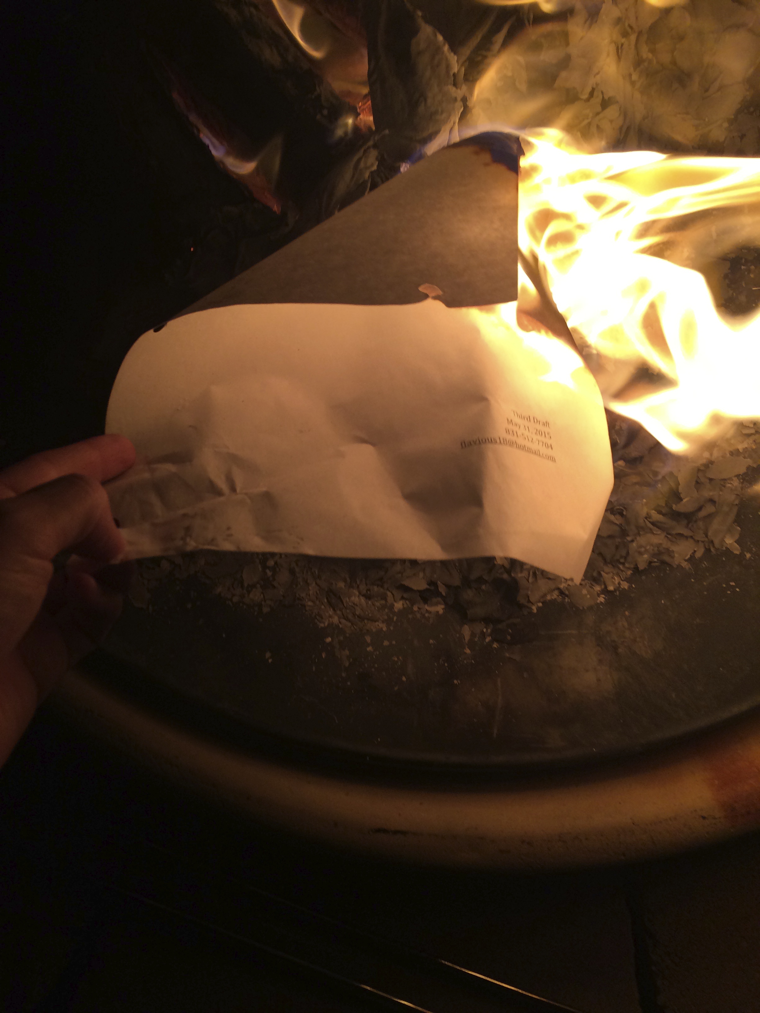   Fire Ceremony, celebrating through fire. This is the burning of the first page of the play, the cover page. On this night, I burned several pages of drafts of the play. It was dark and I thought there was no more pages and as I was about to head ba