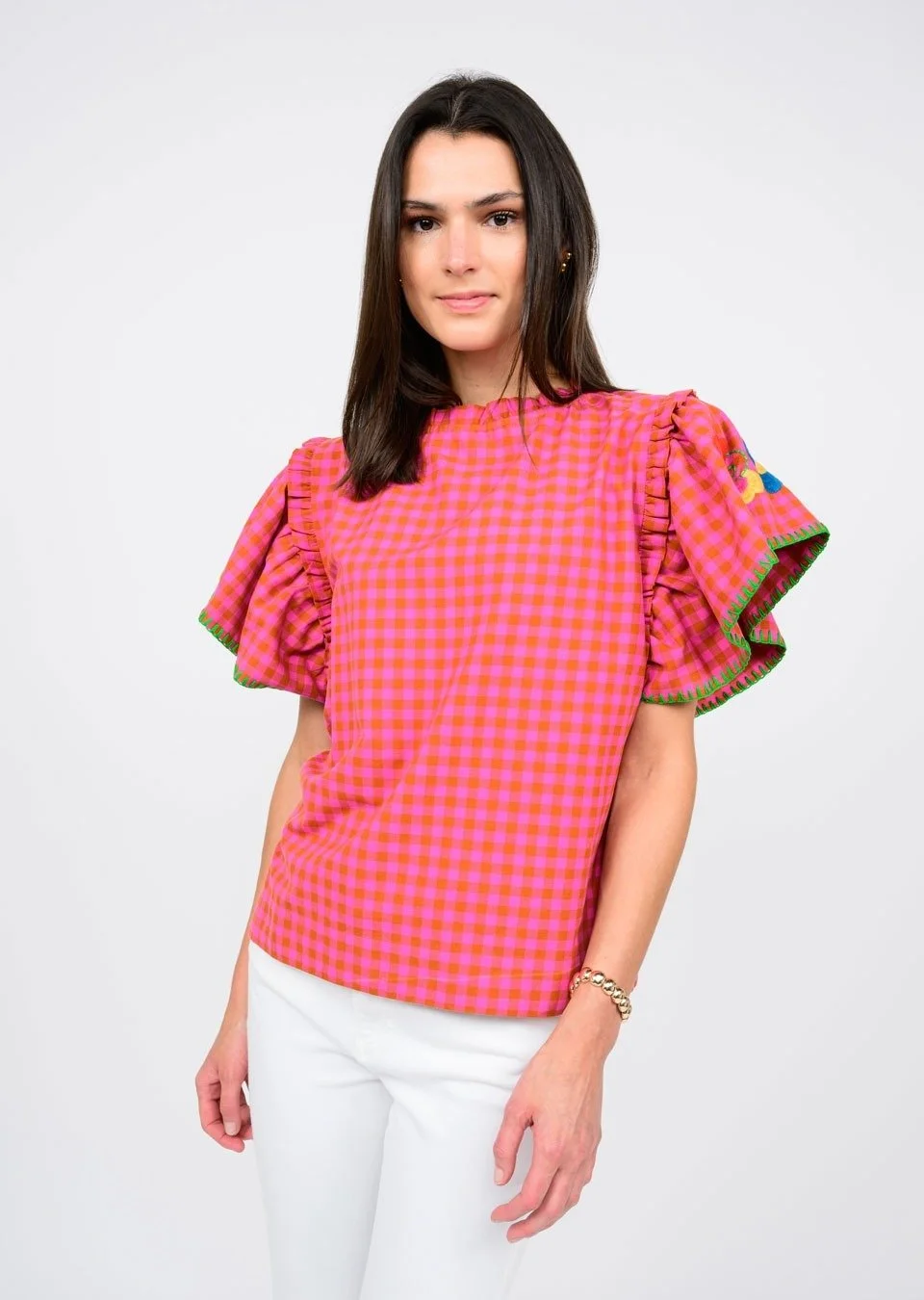 Ivy Jane Flower Embroidered Check Top