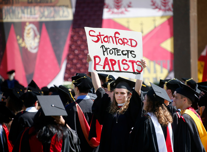 Stanford students protested during 2016 graduation against the university's handling of multiple sexual assault cases. Source: East Bay Times . Many more photos of student posters held aloft during the Wacky Walk here .
