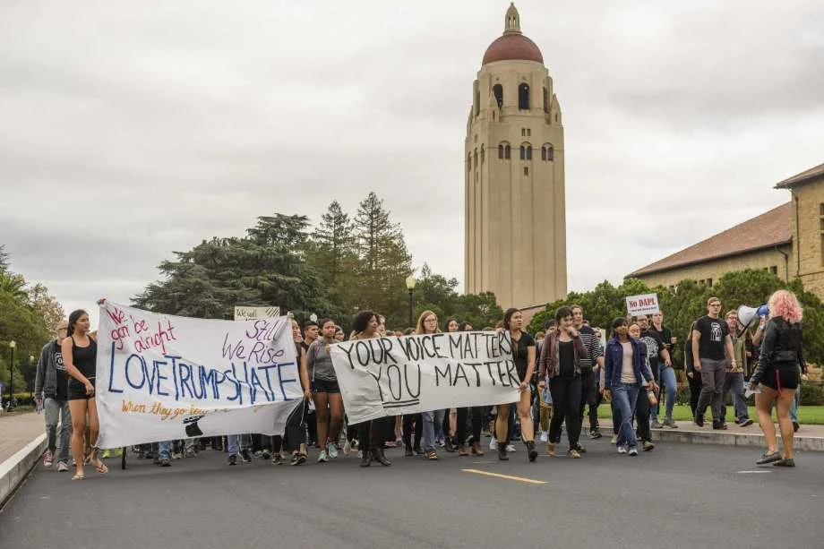 Political Action on the Farm: Hundreds of Stanford students walked out of class to protest the incoming Trump administration's policies, calling for Stanford to make itself a "sanctuary" campus. (Linda A. Cicero / Stanford News Service)