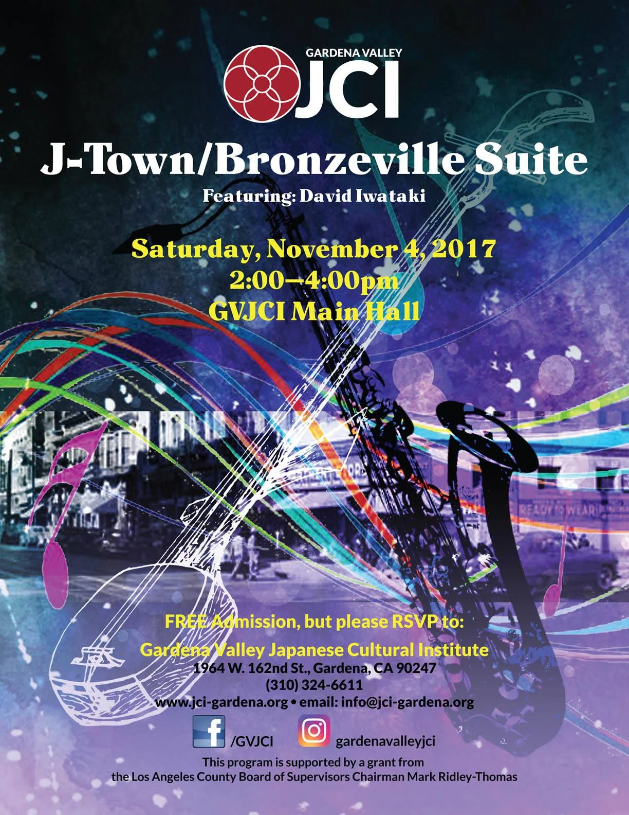 2 :00-4:00 PM, Sat., Nov. 4, 2017 Gardena Valley Japanese Cultural Center 1964 W. 162nd Street, Gardena, CA 90247 Join us for a SoCal music & panel discussion event that is a living homage to the history of Little Tokyo, LA. Iwataki’s Bronzeville, a jazz suite that incorporates traditional Japanese instruments, was inspired by the time Japanese Americans were incarcerated to internment camps and African Americans settled in Little Tokyo. ADMISSION IS FREE: Please email RSVP to info@jci-gardena.org and also cc solina@stanfordalumni.org Contact: Solina Kwan ( solina@stanfordalumni.org ) 