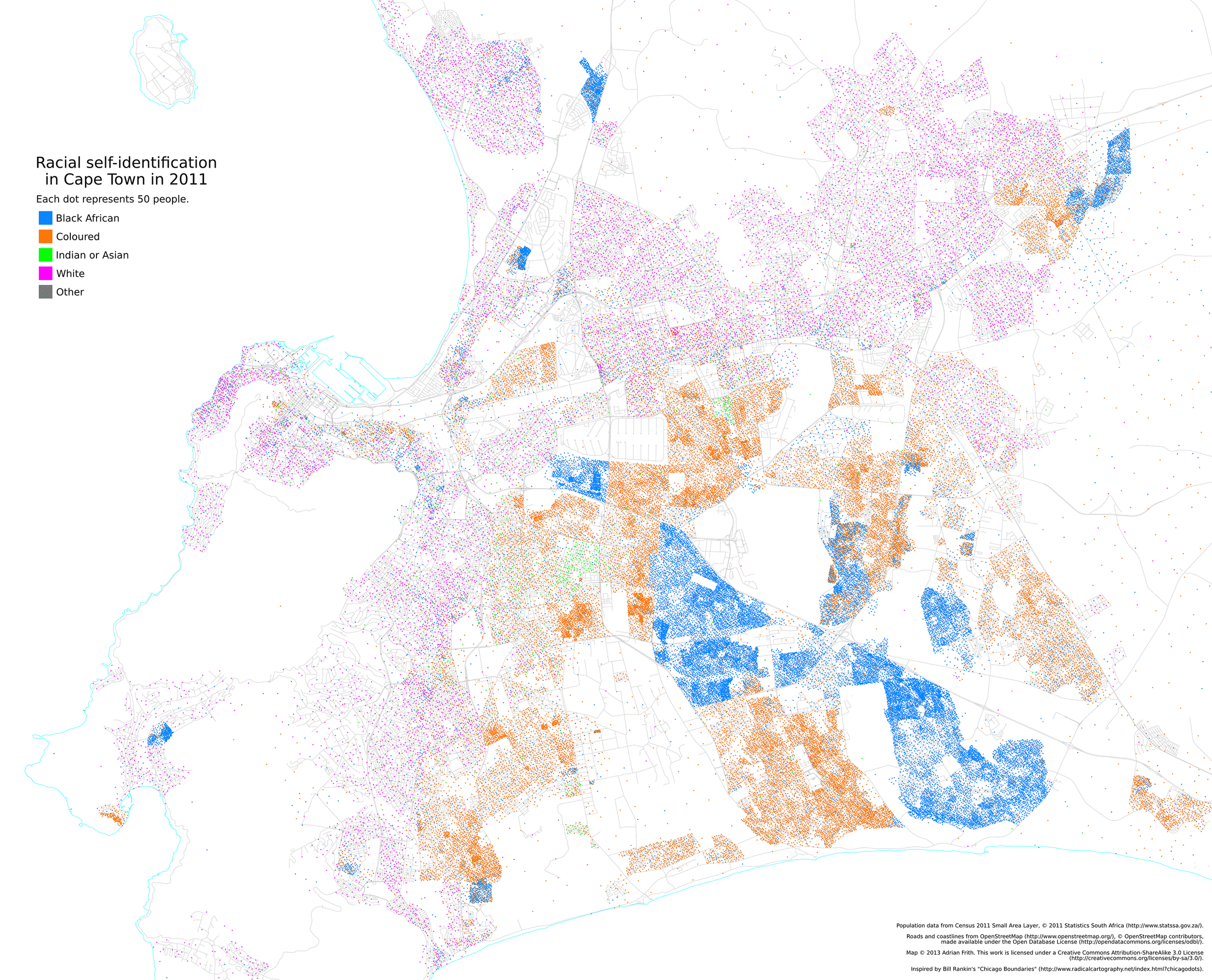 Dot Map of Racial Distribution in Cape Town, based on 2011 Census Data. Source: http://www.uct.ac.za/images/uct.ac.za/emp/2014/vol33_08/CapeTownBIG.gif