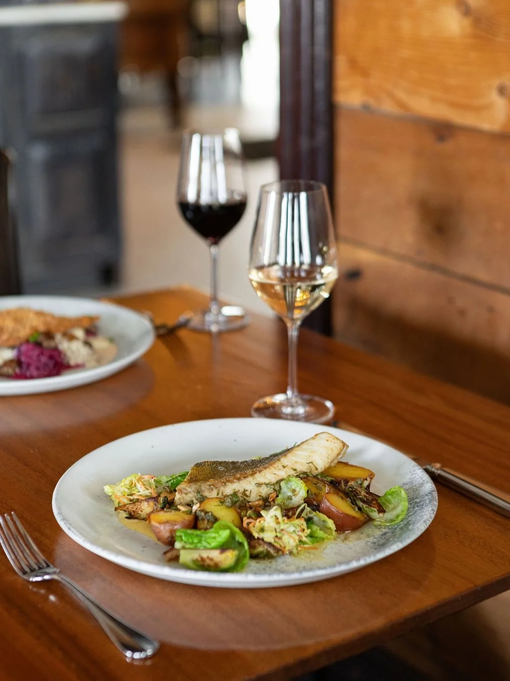 Pan‑seared Manitoba walleye, crisp Brussels sprouts, Busy Bee Organics potatoes, and a classic beurre meuni&egrave;re. A little prairie, a little French, all delicious. Available for lunch and dinner. 
#deanehouseyyc #walleye #canadaisfood #yyceats 
