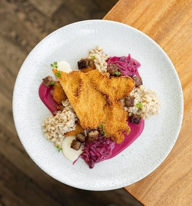 Mountainview Farm Chicken Schnitzel, Barley, Sylvan Star Klondyk Gruy&egrave;re, Brassica Mustard Chicken Jus. We're now featuring this dish with first of the season Tamminga Farm asparagus. Join us for lunch, Tuesday through Friday. #albertafarms #a