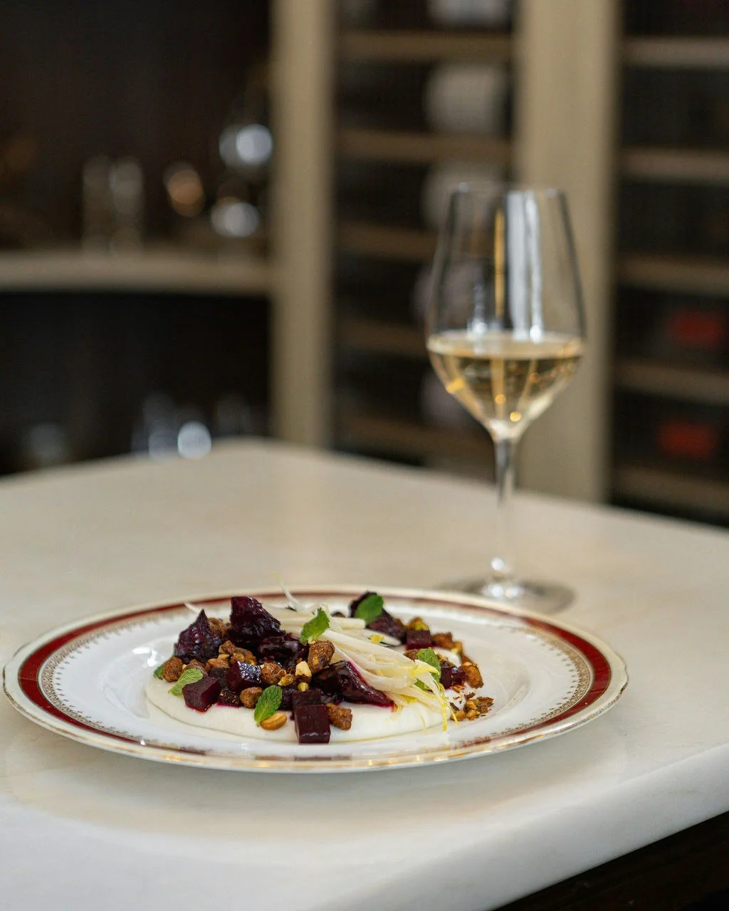 Poplar Bluff Beets, Fairwinds Farms Whipped Goat Feta, Endive, Spiced Pistachio, Pomegranate. Join us for LUNCH, Tuesday to Friday. 
#yyceats #beetsalad #ininglewood #deanehouseyyc #calgary 
Photos: @py_lens