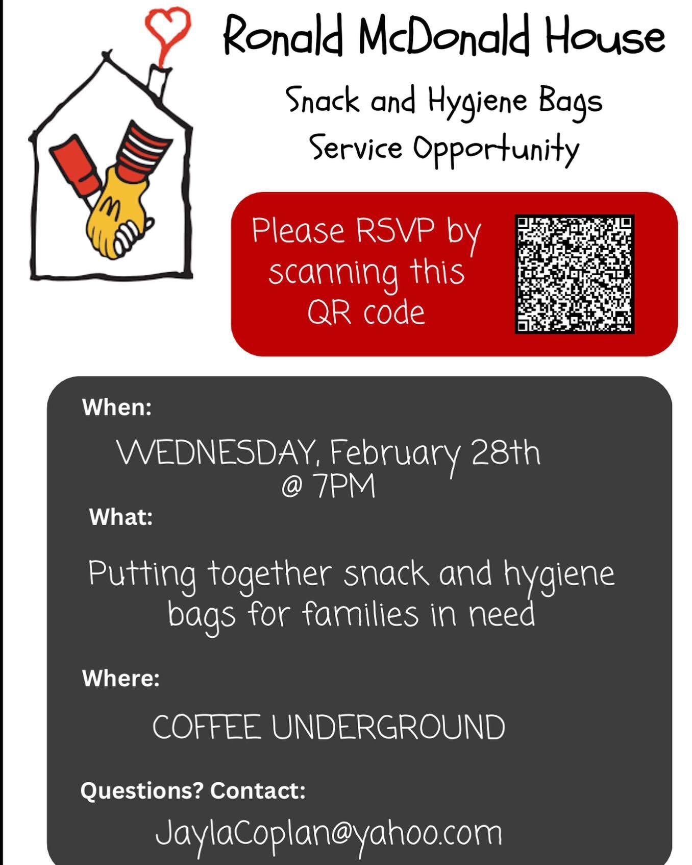 We have another service opportunity a week from today! We will be putting together snack and hygiene bags for families in need. We are also currently accepting donations for any snack sized chips/pretzels/fruit snacks as well as travel sized toiletri