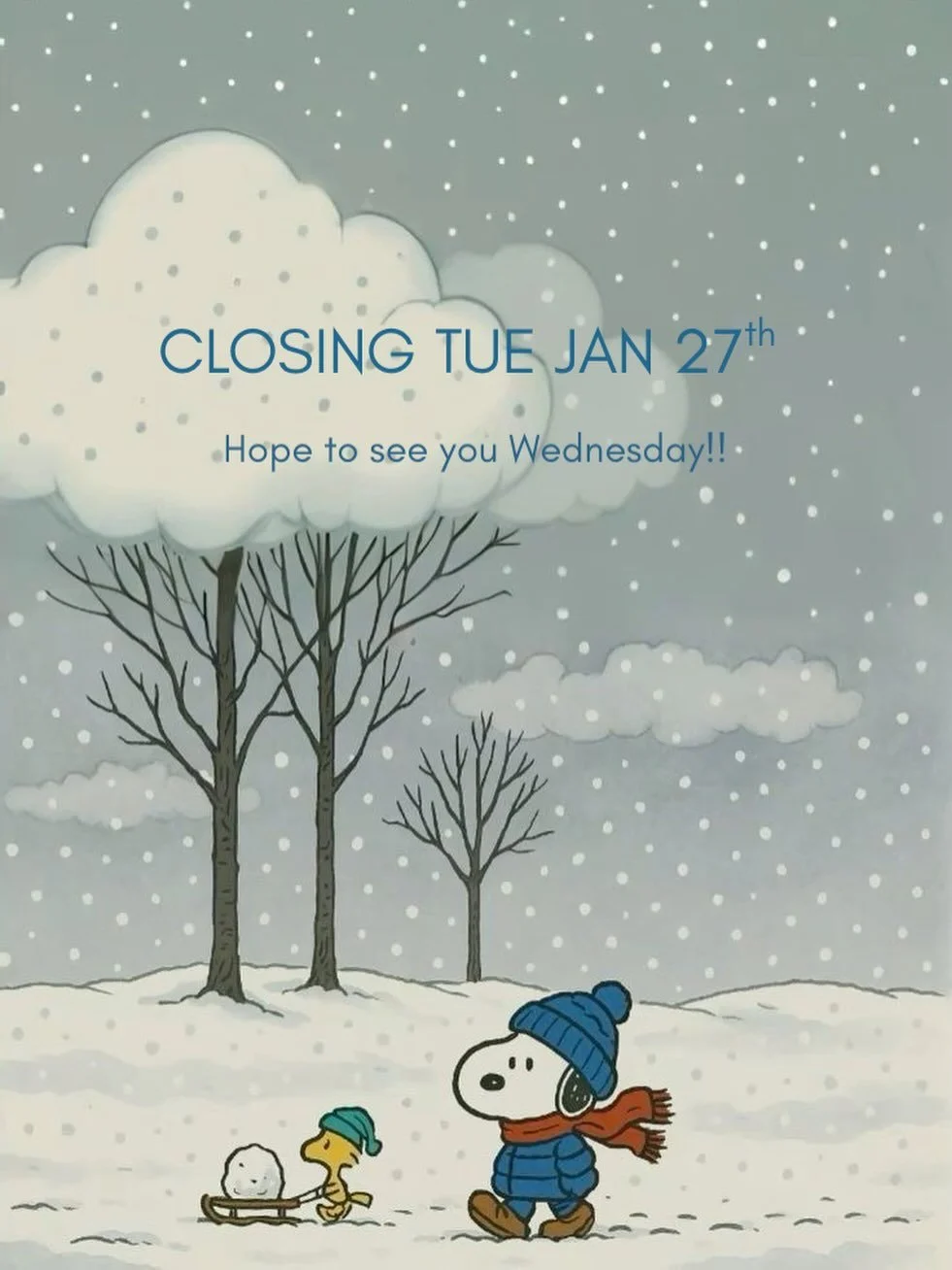 we&rsquo;ve decided to remain closed for tomorrow, Tuesday Jan 27th, to keep our staff safe and warm. hope to see you Wednesday :))