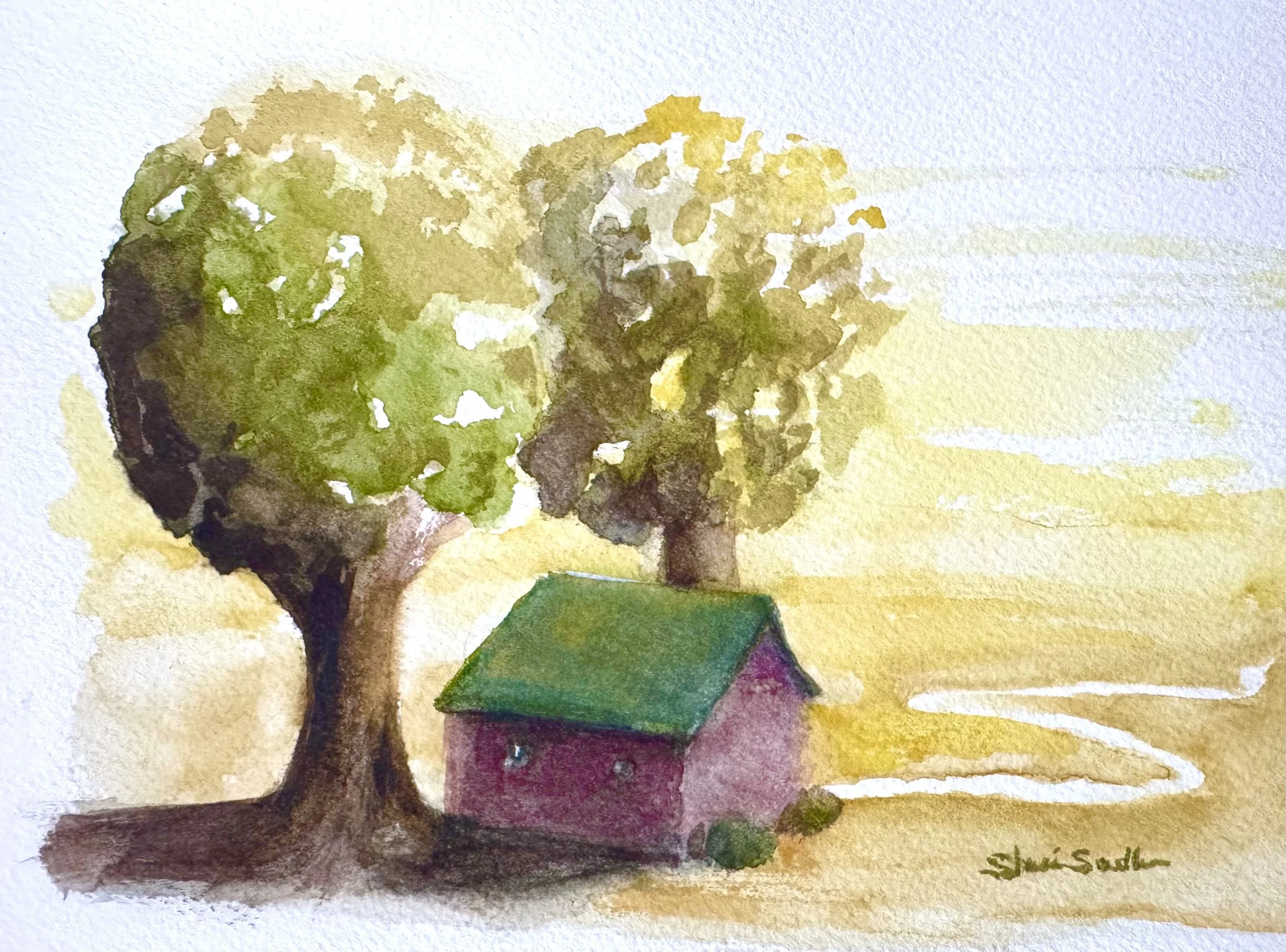 Two Towering Trees, One Cottage, One Path