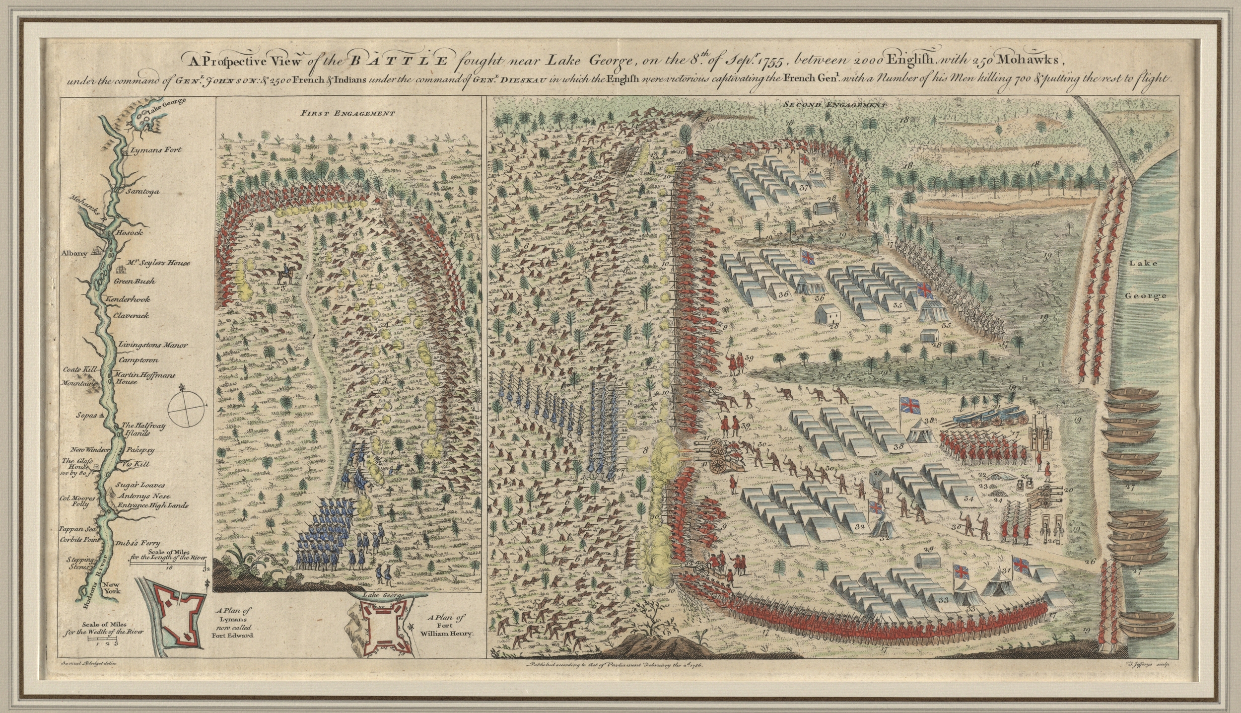 Samuel Blodget, A Prospective View of the Battle Fought near Lake George London, 1756. Engraving, hand colored, Richard H. Brown Collection, Norman B. Leventhal Map Center.