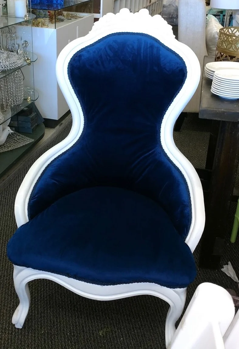 Blue Velvet Chair with White Trim