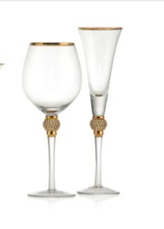 Gold Rimmed & Jeweled Wine Glass and Flute 
