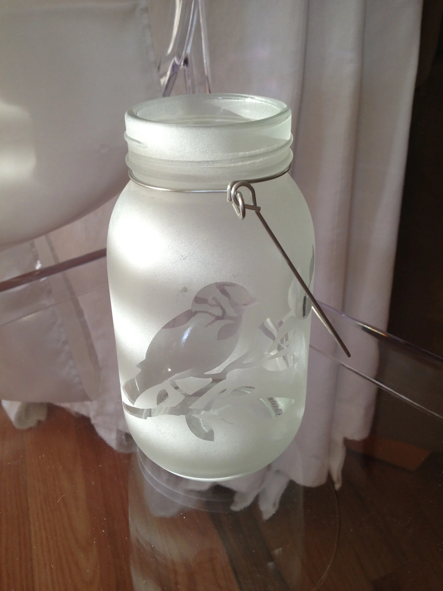 Frosted Mason Jar w birds