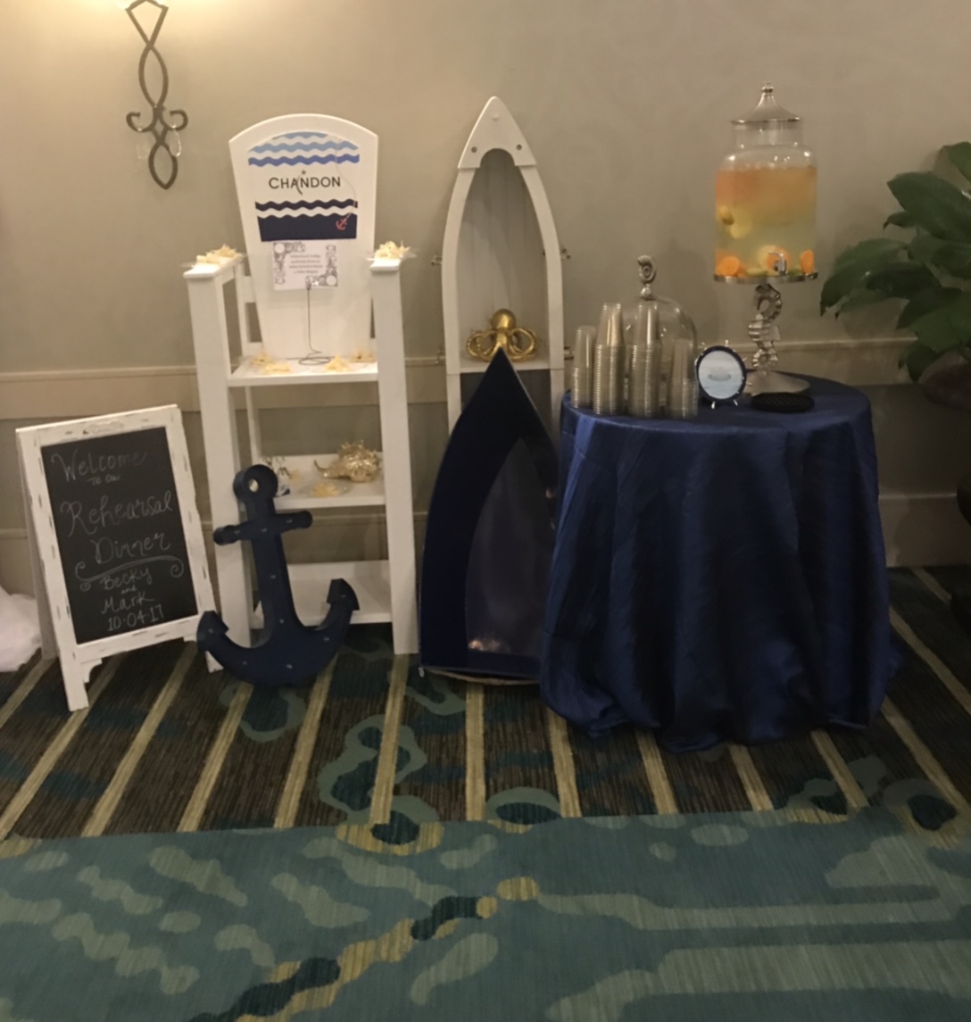 Blue anchor $10.00 Blue boat $15.00 Life guard chair $45.00 Boat shelves $45.00 Seahorse drink dispenser $25.00 Gold octopus $4.00 Gold conk shell $4.00
