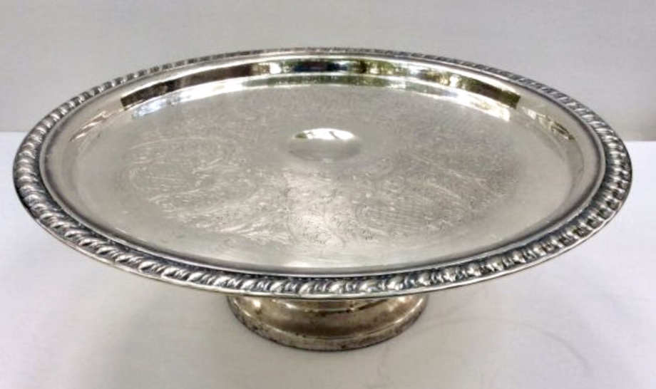 Silver platter cake base on pedestal