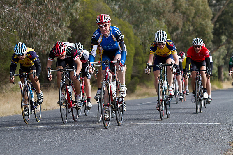   Wangaratta Two-Day Tour Finish of Stage 1 - 52km road race, Saturday 21 May. Mr. Arms Aloft couldn't make it. Kit looks good though. Photo: Tony Reeckman.﻿  