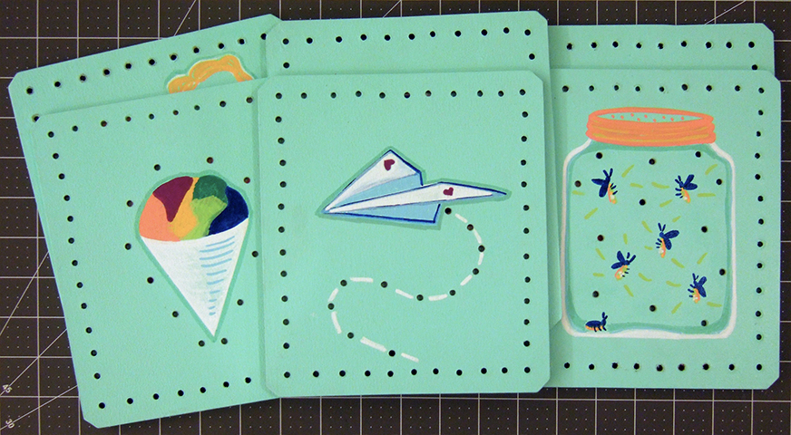 Six lacing cards, featuring colorful handpainted imagery relevant to my 5-year-old niece.