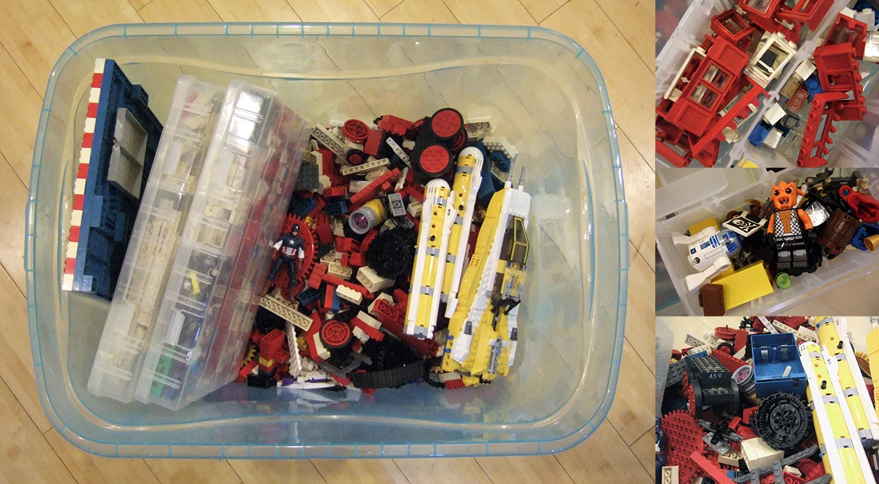 At just $40, this volume of Legos (even used) is a really great deal! There's a mix of vintage, Star Wars, City, Ninjago, and Power Functions Motor parts, in here. Other toys are included as well, such as this Captain America Action figure, some Hot Wheels toy cars, army men of different sizes, and some infant-safe Mega Blocks...
