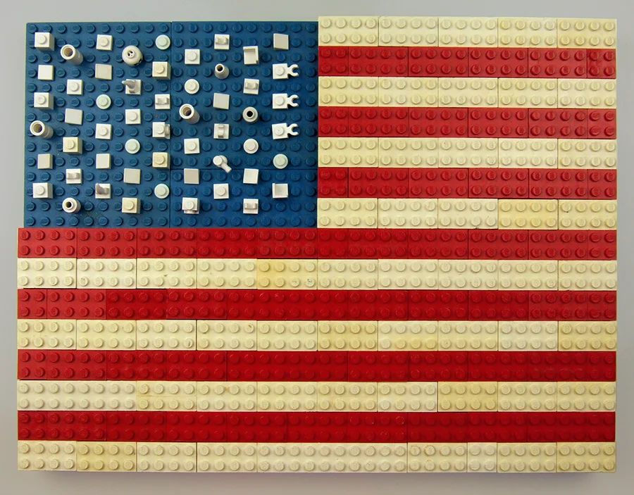 You can tell many of these blocks are vintage, just from discoloration of the white plastic. And in case you feel inclined to check my work, there are 54 stars and 15 stripes in this Lego rendition of the flag. Which is too many of both, but not by much! And it looks pretty good, all the same.