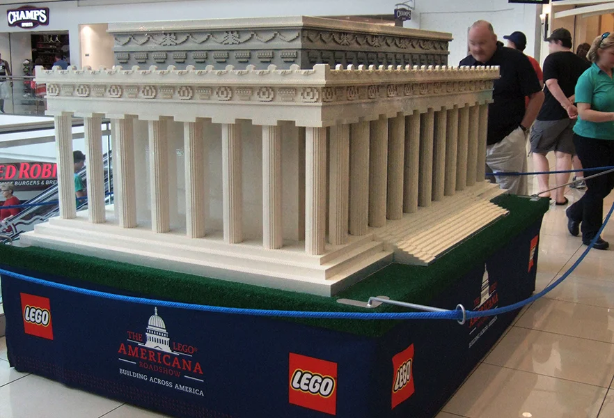 Lincoln Memorial, 475 hours to assemble at 1:25 scale. Lincoln is clearly visible, and so are the pennies and nickels people have thrown inside!