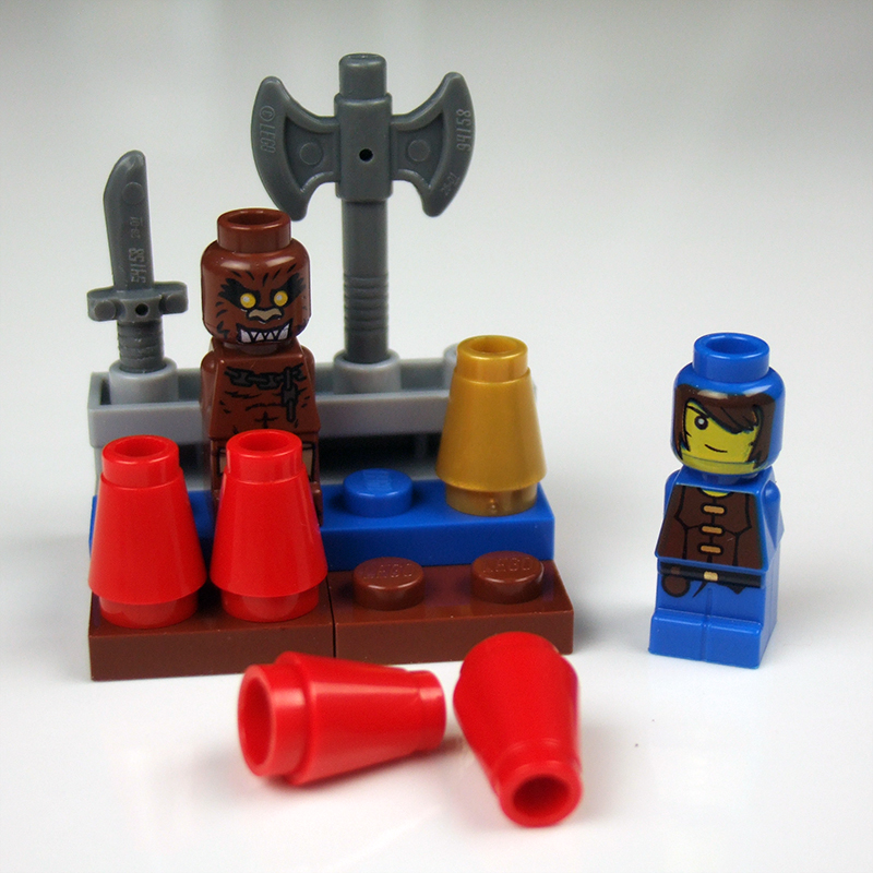 This is a typical LEGO Heroica player's "Pack" (left) and "Hero" figure (right). The red conical pieces represent the player's health. When all four are placed in your pack, you have full health. When you battle a monster (like the brown werewolf figure shown here), you may have to lose health equal to the strength of the monster, indicated by removing red pieces from your pack. When you defeat a monster, you take it off the board and add it to your pack. (The werewolf has a strength of two. Hypothetically, this player defeated the werewolf, but also lost some health in the process.) Weapons like the ones shown here can be purchased from game's bank or store using "Gold", represented by the gold-colored conical pieces. Weapons represent special abilities you can activate when you roll the dice. These are standard game rules!