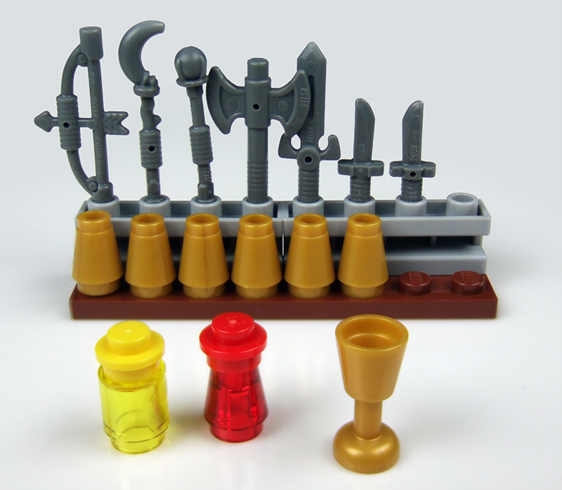 This is the standard LEGO Heroica game bank or store. Each gold-colored conical piece represents "Gold" that may be used to purchase items from the store. "Gold" pieces are collected from the gameboard during gameplay. The gold-colored cup piece is the "Chalice of Life", worth two pieces of gold if you sell it to the store, but also represents some special in-game abilities. The yellow and red pieces shown here represent special potions and are meant to resemble potion vials (a bottle with a cap). The yellow one automatically defeats a monster, when used, so that the player doesn't need to risk rolling the dice and losing any health. The red one automatically restores the player's full health.