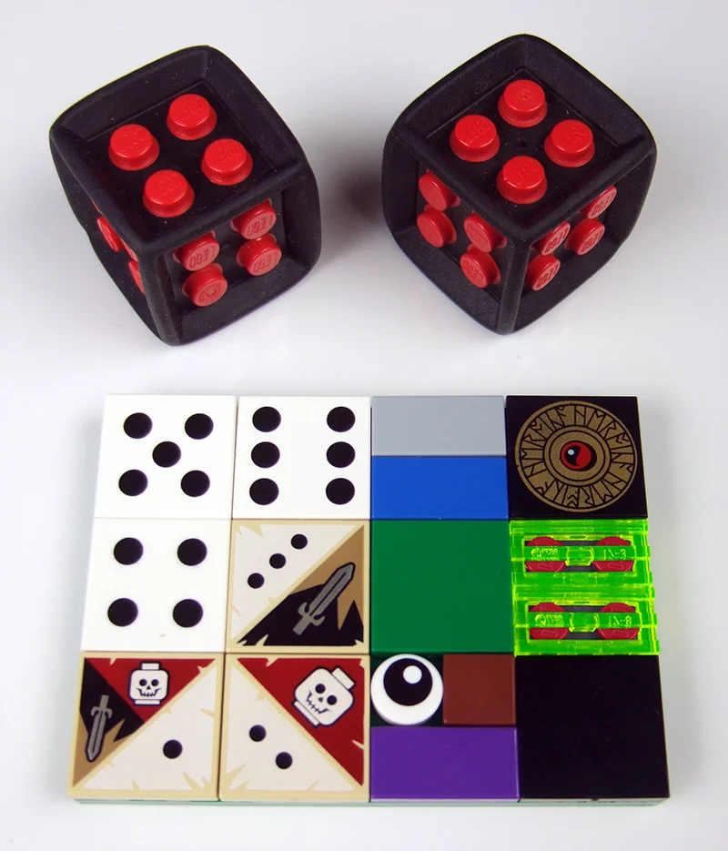 Double the dice! We combined the numbered tiles from my Heroica and Minotaurus sets to give us a standard one-through-six numbered dice. Then we invented colored tiles to fill the second dice, choosing colors that would correspond to our Magic Stones. In the standard Minotaurus game, a grey tile allows you to move a wall. The black tile allows you to move the Minotaur eight spaces. The green tile allows you to jump a hedge. Players can move between three and six spaces, but not fewer than three. In the standard Heroica game, each numbered tile (the greatest number is three) also has a little picture icon related to battle outcomes. In a battle with a monster, the skull means you fail to defeat the monster, lose health equal to the strength of the monster, and move back on the gameboard. The sword means you defeat the monster without losing any health. The sword/skull combo means both happen - you defeat the monster, but lose some health and move back a few spaces. We transferred the Heroica "Shield" tile (the round symbol, top right) to the second dice. In Heroica, the "Shield" tile allows you to defeat the monster OR choose to activate a special skill. We also decided to make the neon yellow grill (or just a plain yellow tile) equivalent to the sword tile, and the Mixel Eye (or just a plain red tile) equivalent to the skull tile, so the second dice can still indicate battle outcomes apart from the "Shield".