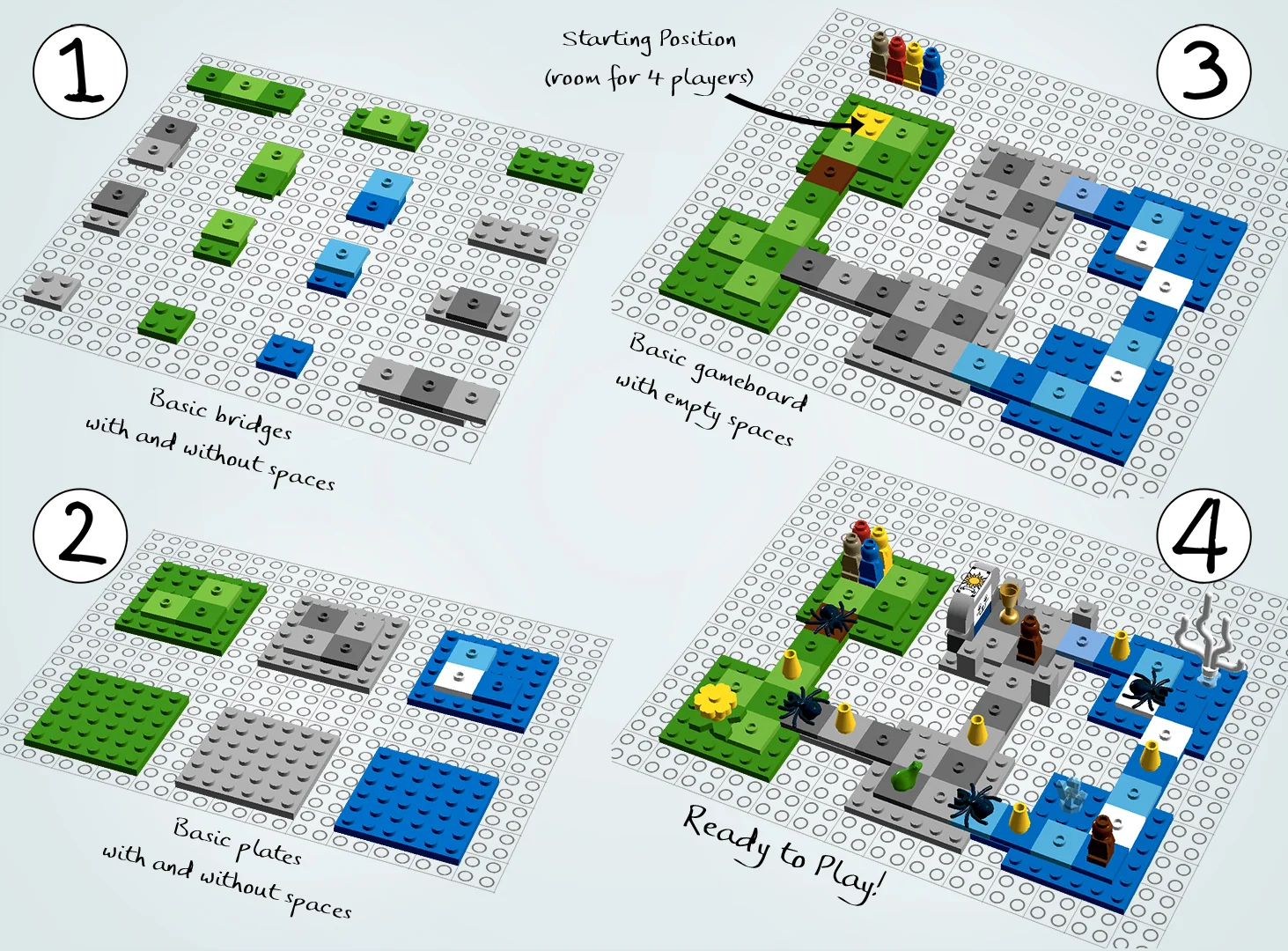 This is a modular gameboard, very much like Heroica. This design is great, because you can rearrange the segments almost infinitely! But it also relies on having the right kind of brick pieces to make each "space" consistent all the way around the board. And I don't have very many of those particular bricks...